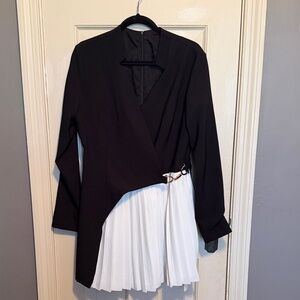 Commense Black and White Asymmetrical Blazer Dress with Buckle Detail
